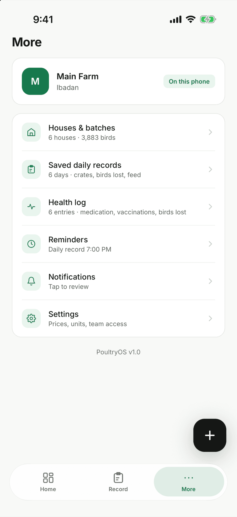 A worker’s phone: only Home, Record and More — no sales, no reports